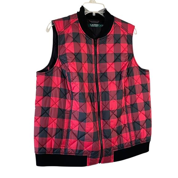 LAUREN RALPH LAUREN Women's Size 1X Red Black Buffalo Check Plaid Front Zip Vest - Picture 7 of 7